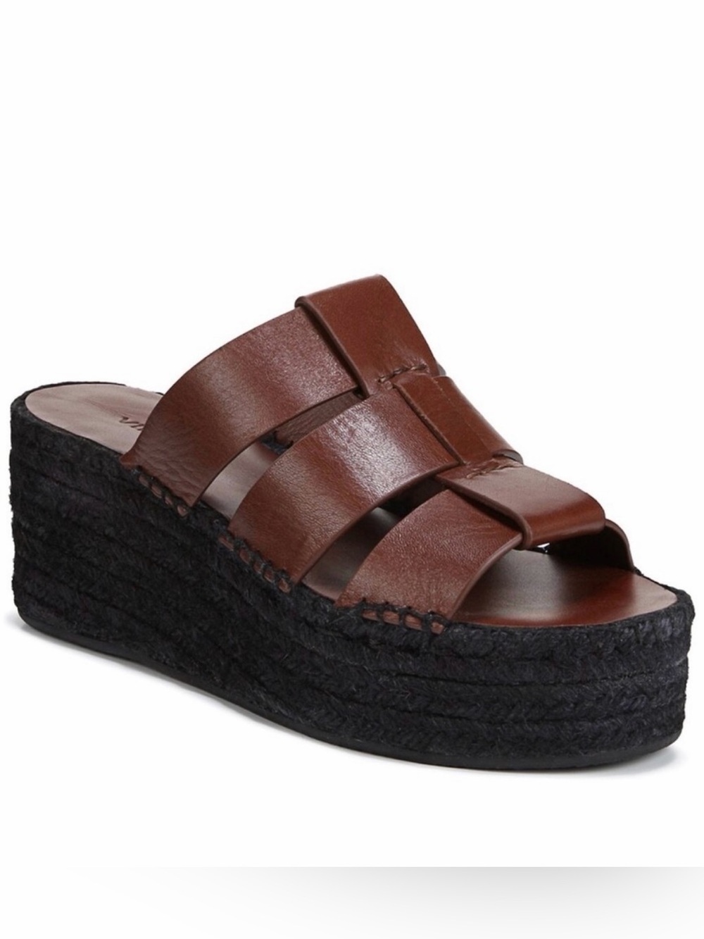 LIKE NEW Vince Brown Leather Slide Sandal with Black Espadrille Platform